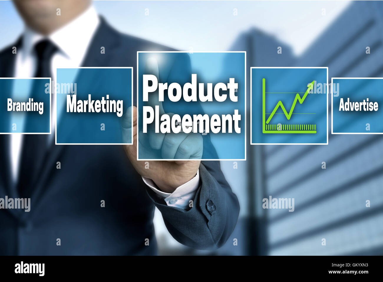 Product Placement touchscreen is operated by businessman. Stock Photo