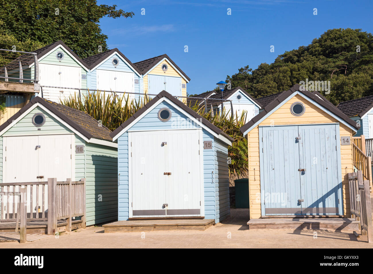 Beach huts at Alum Chine, Bournemouth, Dorset UK in August Stock Photo