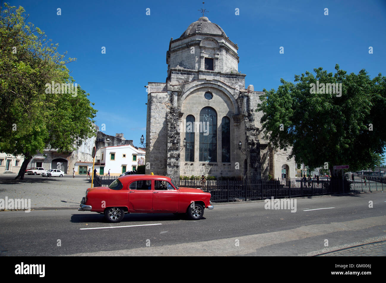 Brightly painted old 1950's vintage American car hired as a taxi in Habana Cuba Stock Photo