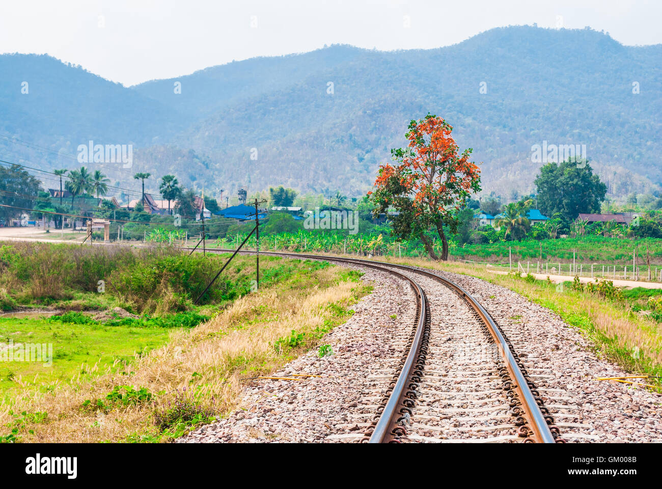Railway Track Curve in Rural of Thailand Stock Photo