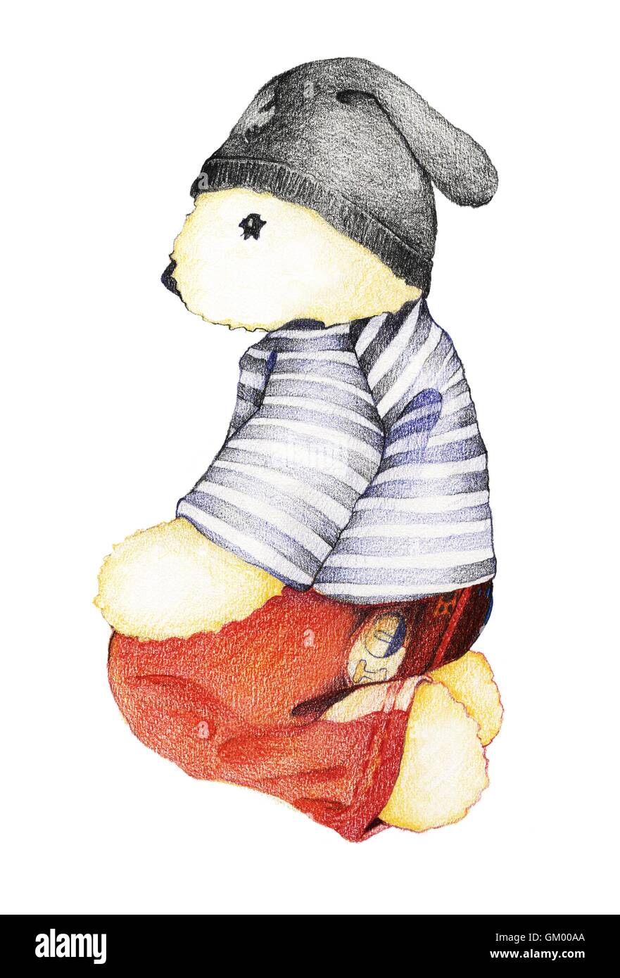 Hand Drawn Side View of Cute Teddy Bear in Striped Sailor Shirt with Red  Pants and Knitted Hat Sitting Down on Floor Isolated on Stock Photo - Alamy