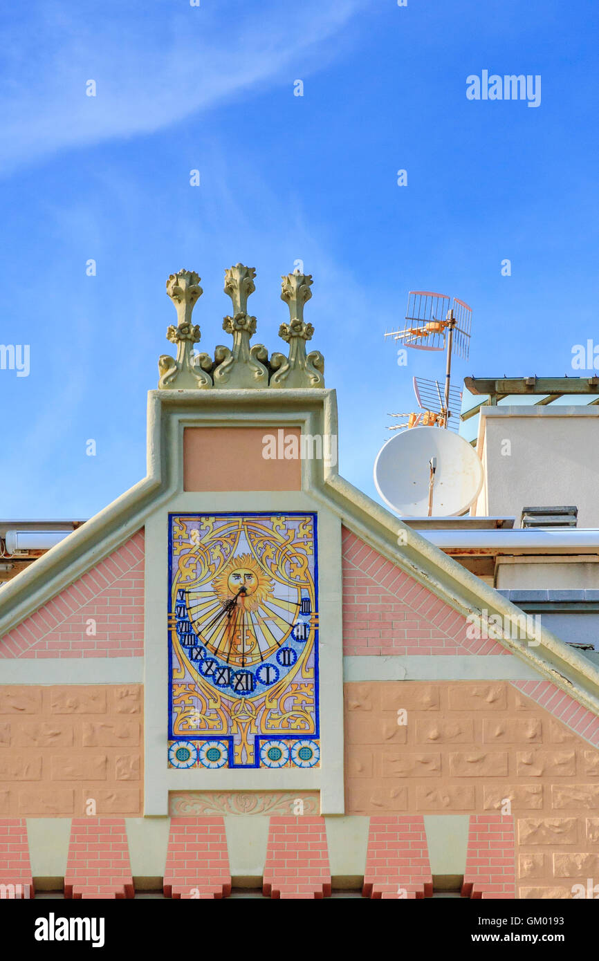 Colourful sundial on exterior of building of Hotel La Niña, Sitges, Catalonia, Spain, Europe Stock Photo