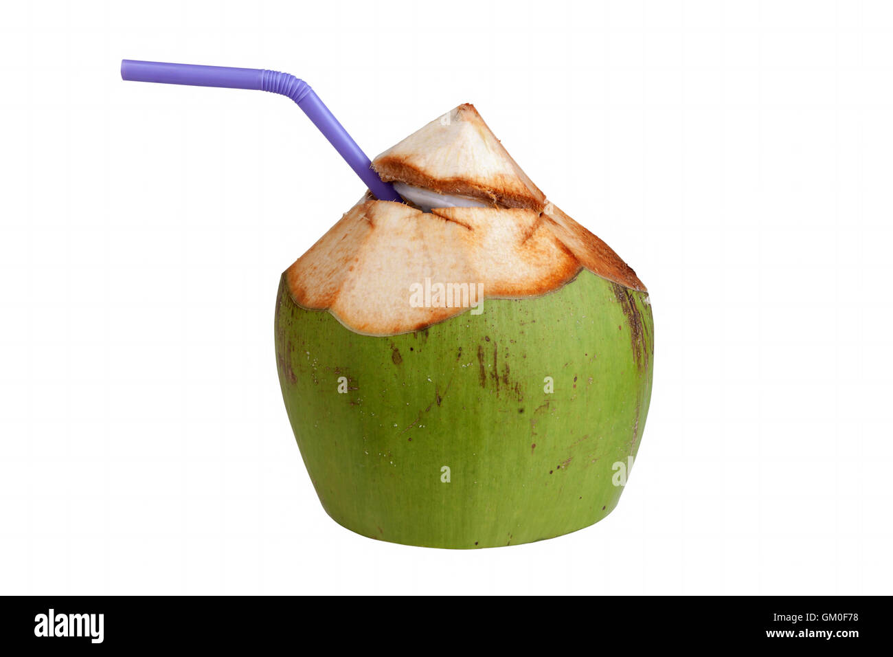 Coconut Water Drink Fresh on white background. Isolated on white objects with clipping paths. Stock Photo