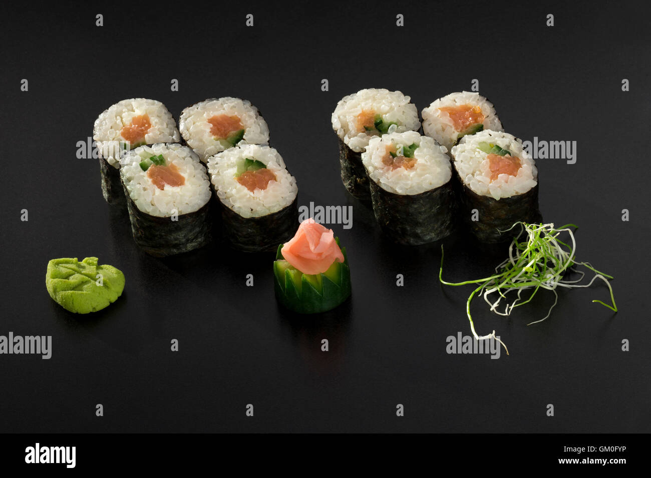 fresh made Japanese sushi rolls with tuna and cucambers Stock Photo