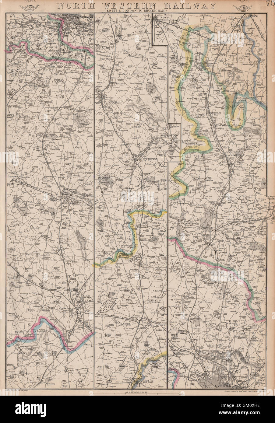 NORTH WESTERN RAILWAY 1. London to Rugby, Coventry & Birmingham.WELLER, 1863 map Stock Photo