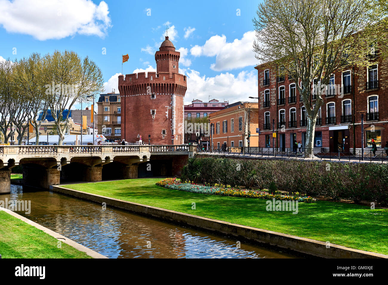 View to the Canal and Castle of Perpignan in springtime Stock Photo