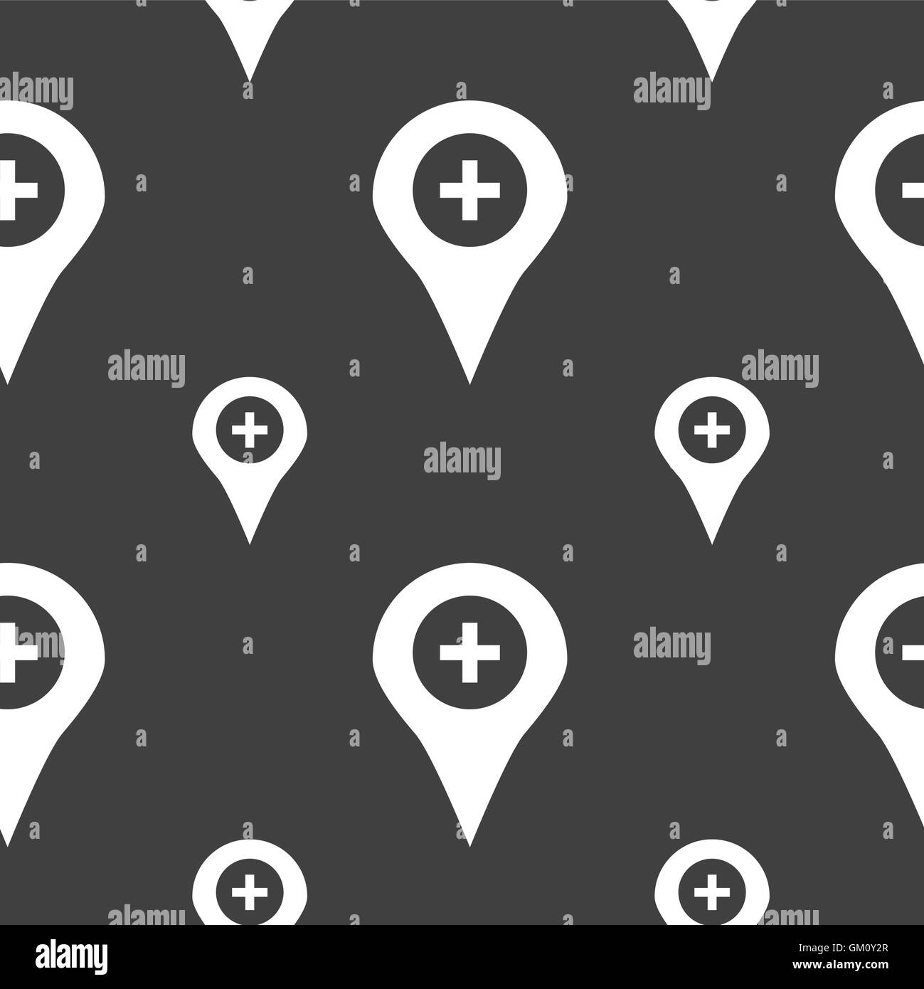 Plus Map pointer, GPS location icon sign. Seamless pattern on a gray background. Vector Stock Vector