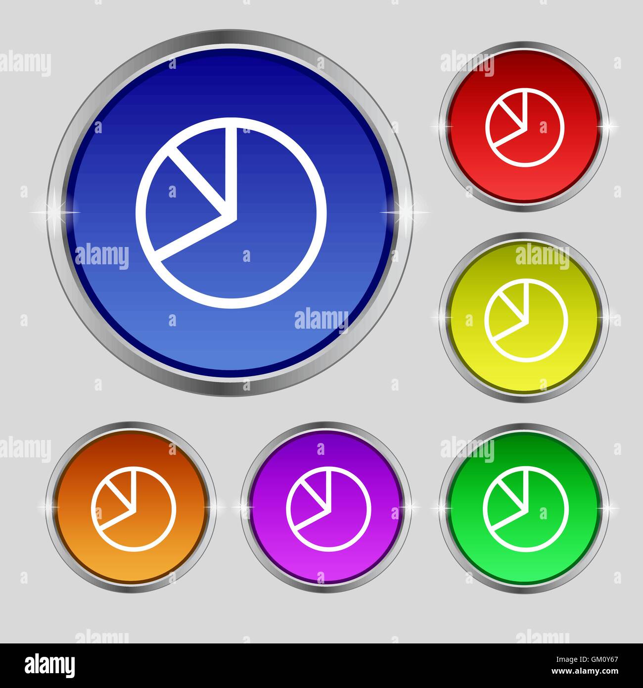Pie chart graph icon sign. Round symbol on bright colourful buttons ...