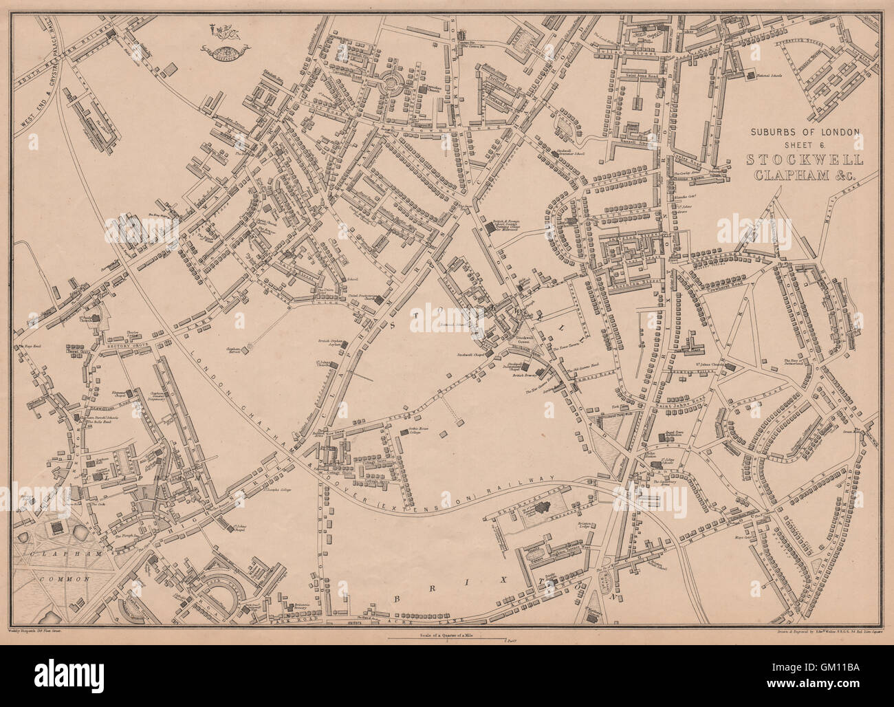 SOUTH LONDON. Stockwell Clapham North/Common Brixton Battersea. WELLER, 1863 map Stock Photo