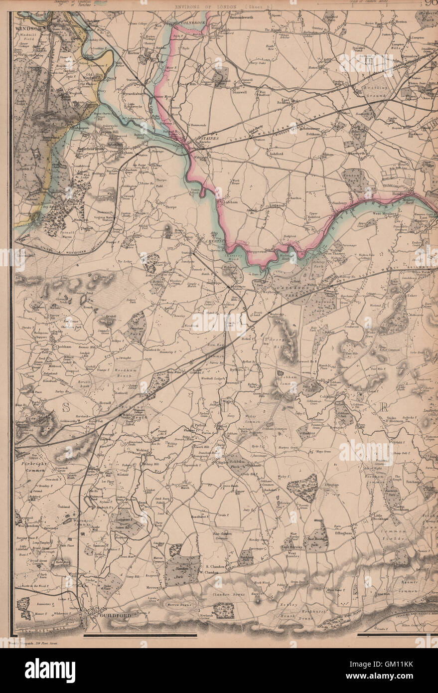 N SURREY/THAMES VALLEY. Windsor Chertsey Weybridge Guildford. WELLER, 1863 map Stock Photo