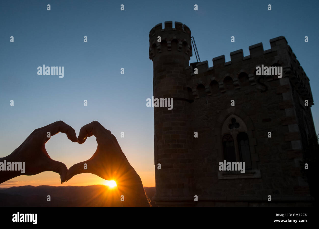 Sunset at Tour Magdala,Magdala Tower, Chateau of history and mystery at Rennes le Chateau,hilltop village in Aude. Stock Photo