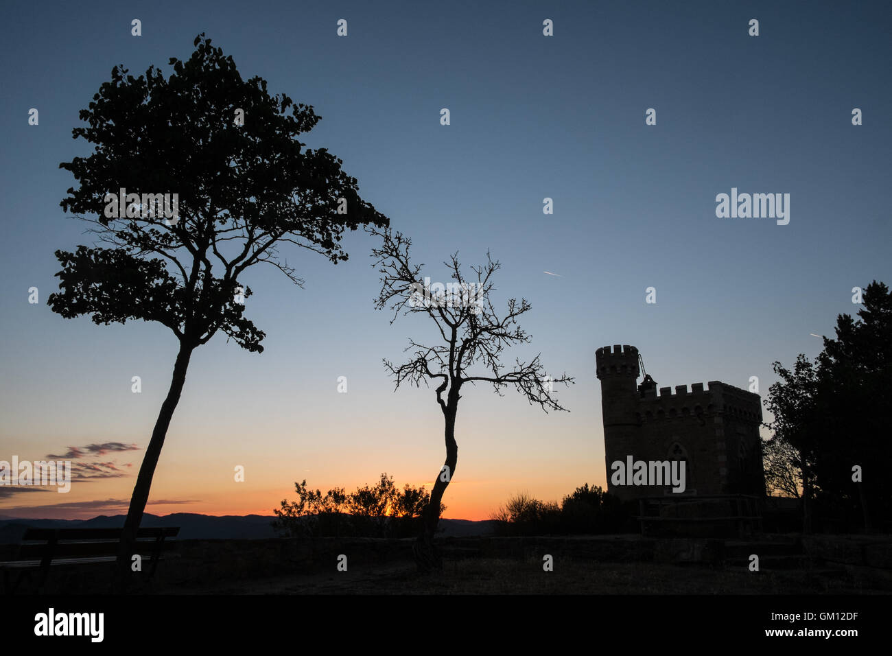 Sunset at Tour Magdala,Magdala Tower, Chateau of history and mystery at Rennes le Chateau,hilltop village in Aude. Stock Photo