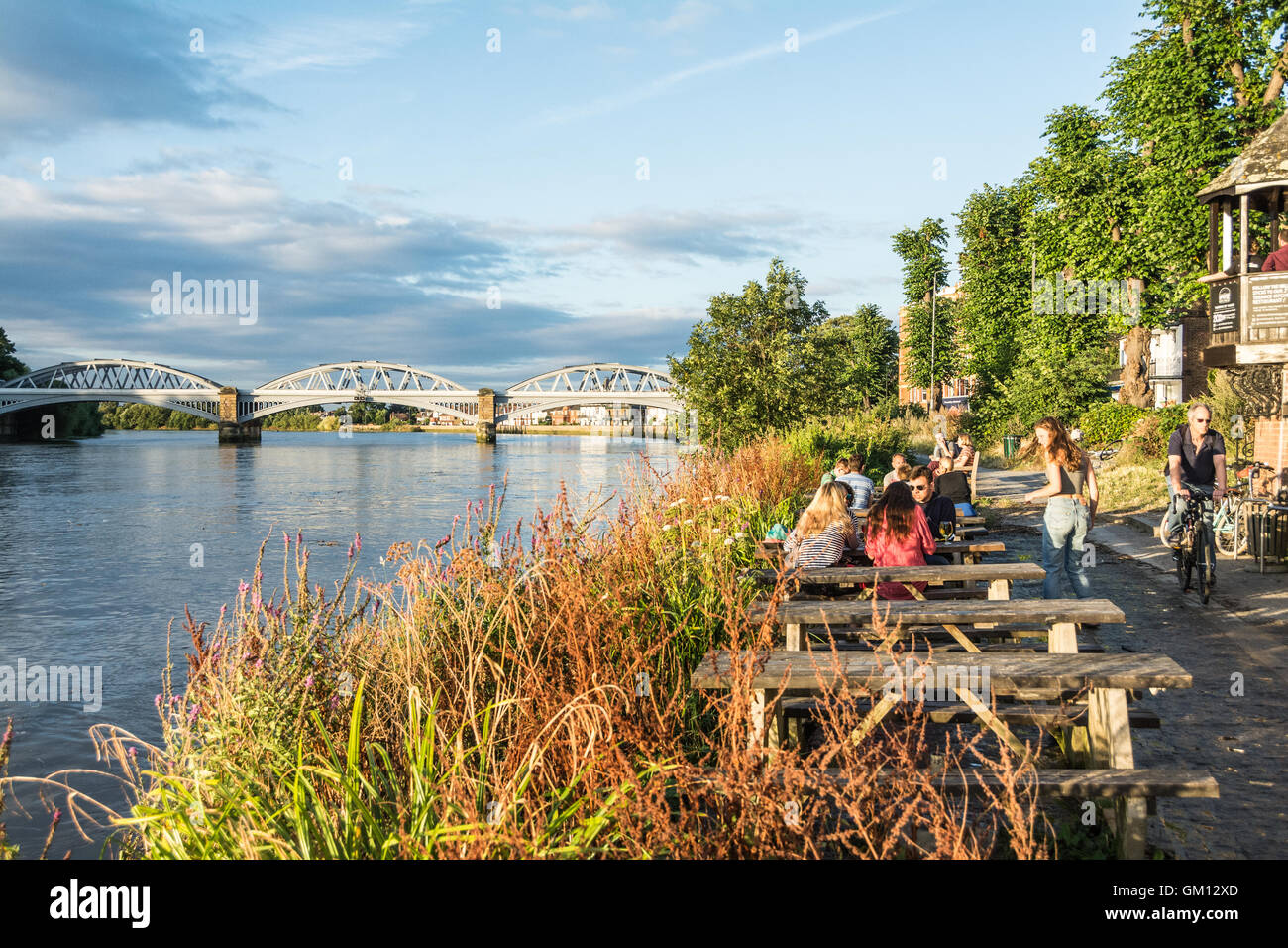 A group of young people having a drink and relaxing next to the River Thames on a summer's evening in Barnes, London, SW13, England, U.K. Stock Photo