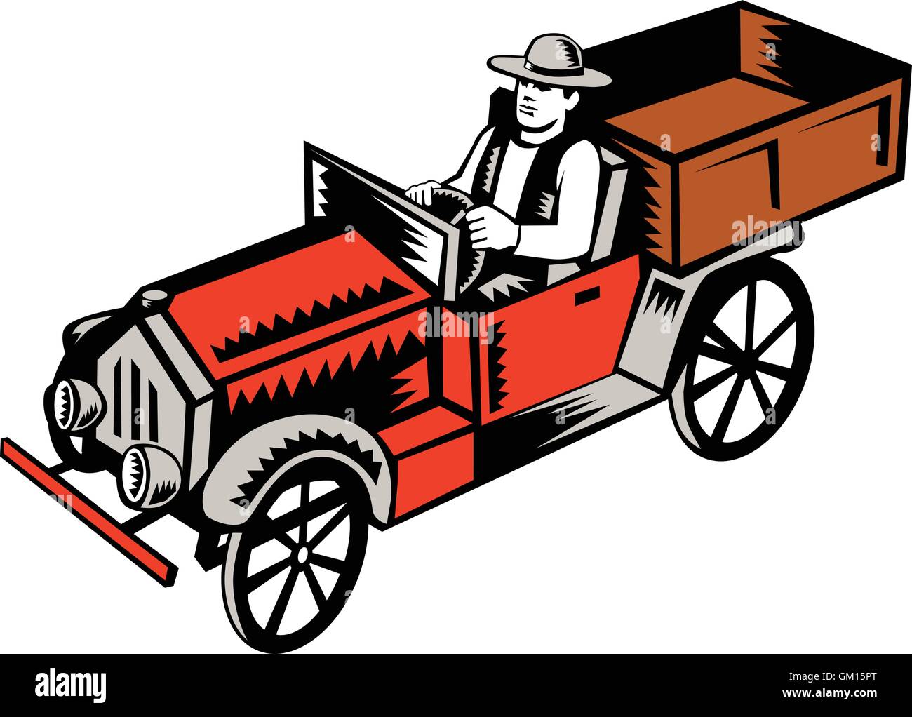 Vintage Pick Up Truck Driver Woodcut Stock Vector