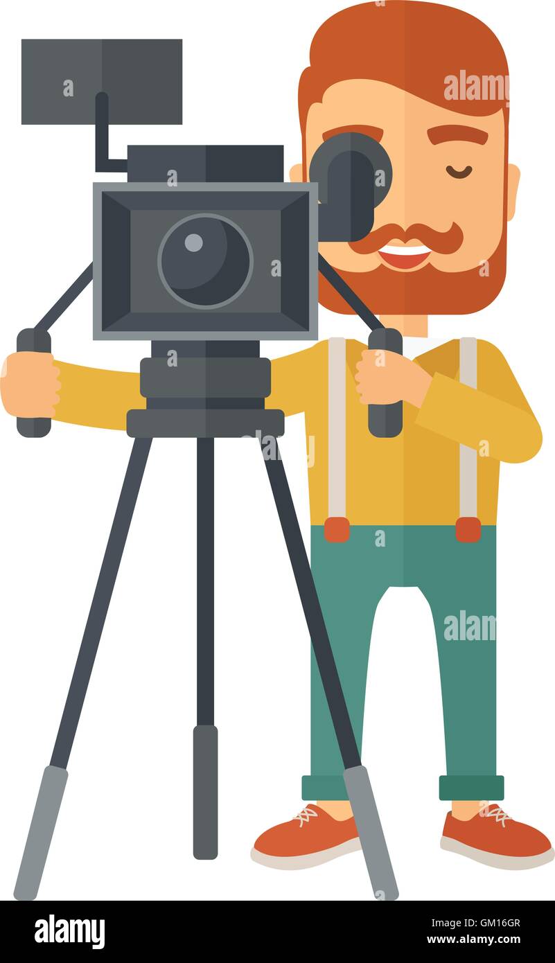 Videographer and his video cam with tripod. Stock Vector