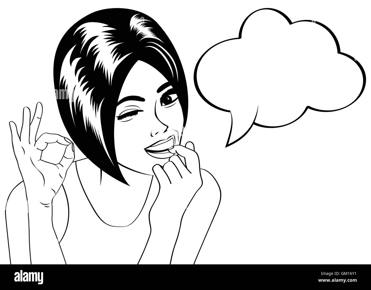 pop art cute retro woman in comics style in black and white Stock Vector