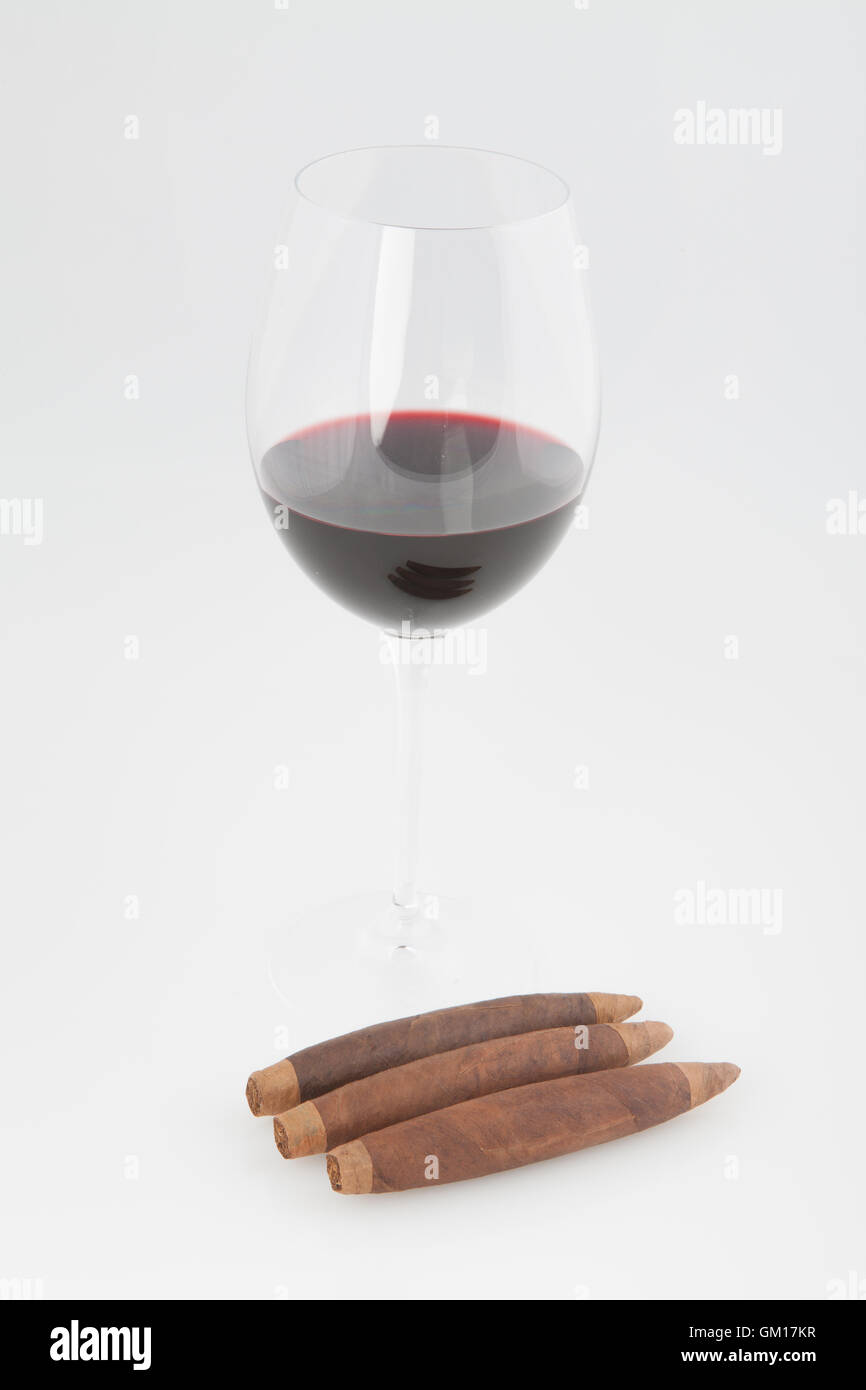 Red Wine, cigars, torpedo, bellicose, Cuban Cigar,medium bodied cigar Stock Photo