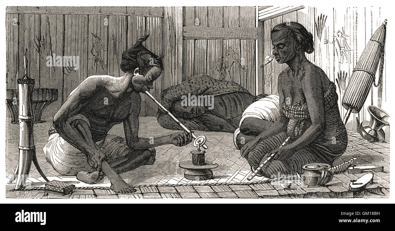 “Malay Opium-Smokers” illustration showing Malays smoking opium. Chinese immigrants introduced the habit in the 1860s and in 1875 the British Protector introduced a tax on the importation and sale of opium in the Federated Malay States. Stock Photo