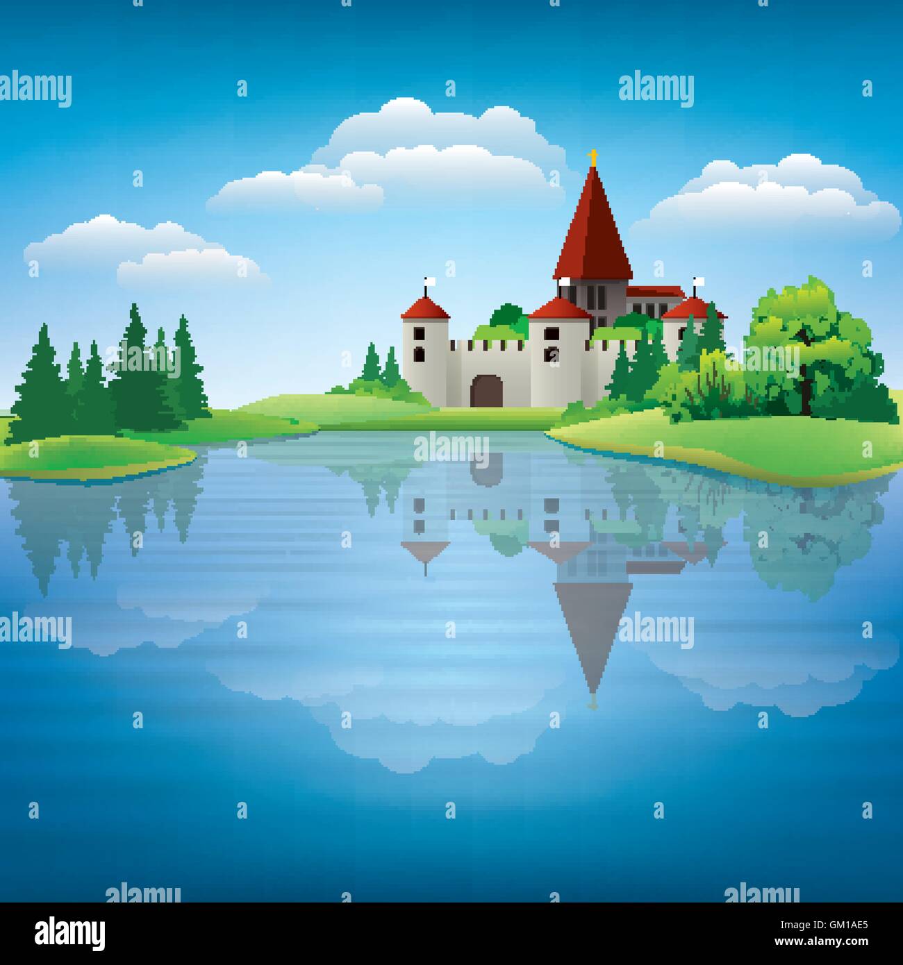 Cartoon drawing castle and a pond vector Illustration Stock Vector