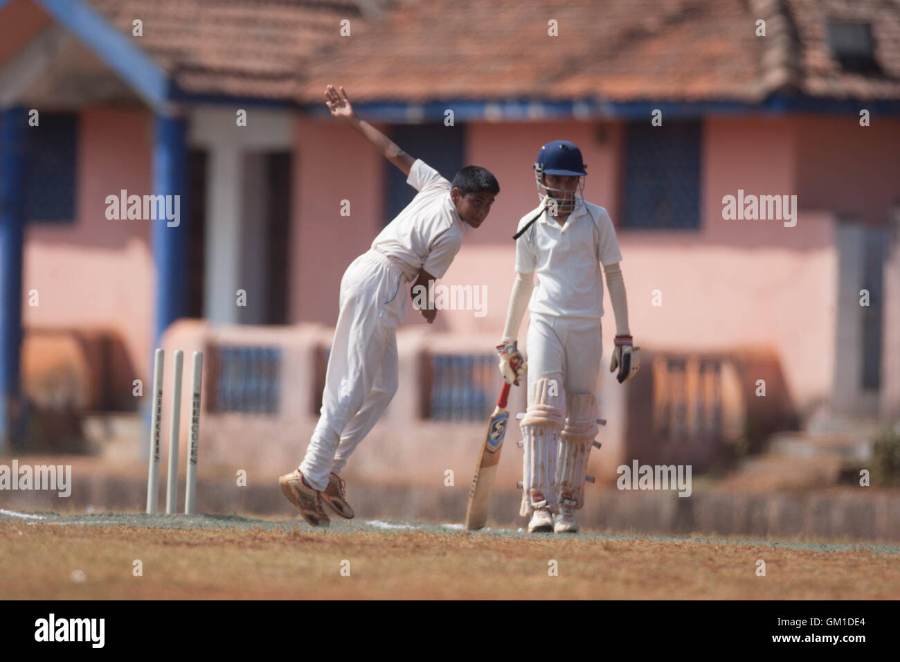 Balling Batting different stance batsman bowler batter umpire at a game of cricket in Goa Ponda