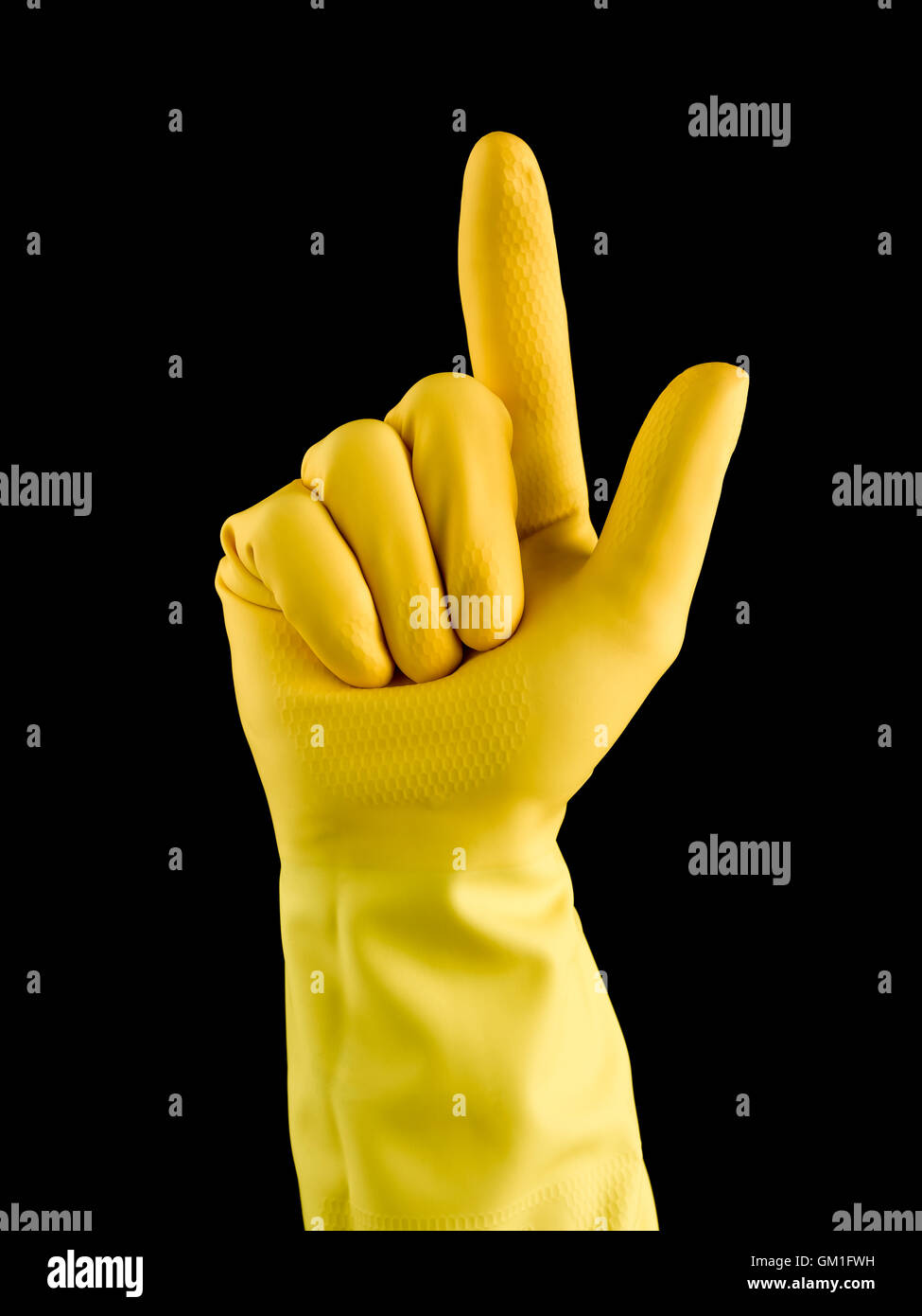 Yellow rubber glove pointing Stock Photo Alamy