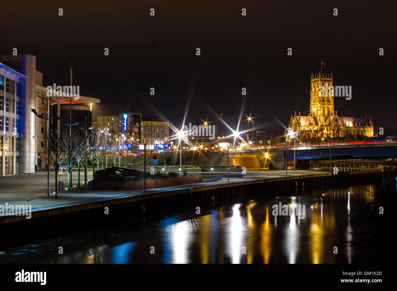 Doncaster night panorama - College and WaterFront Stock Photo