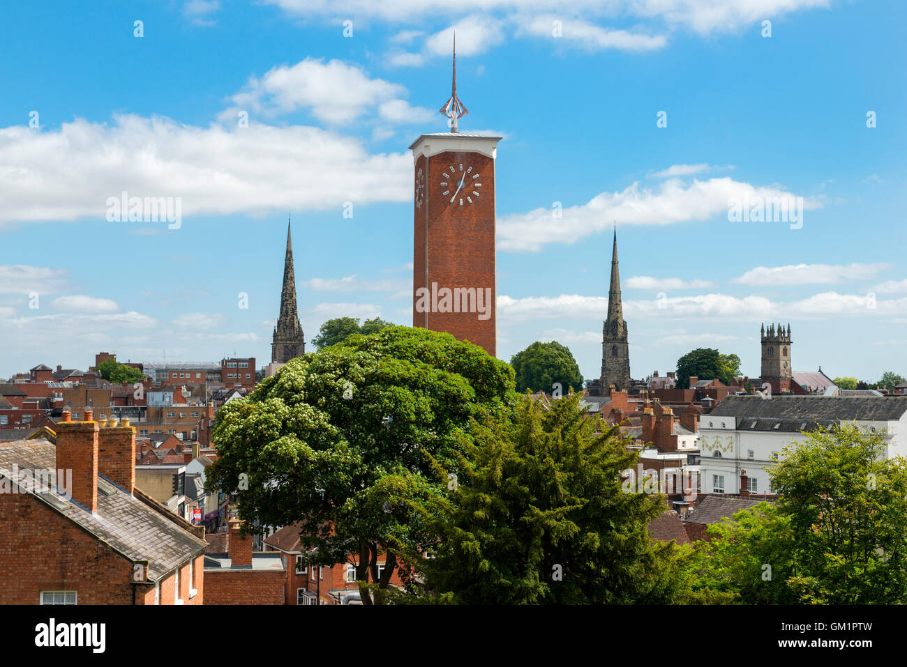 Shrewsbury Market Hall and churches seen from the roof of St Chad's nave, Shropshire. Stock Photo