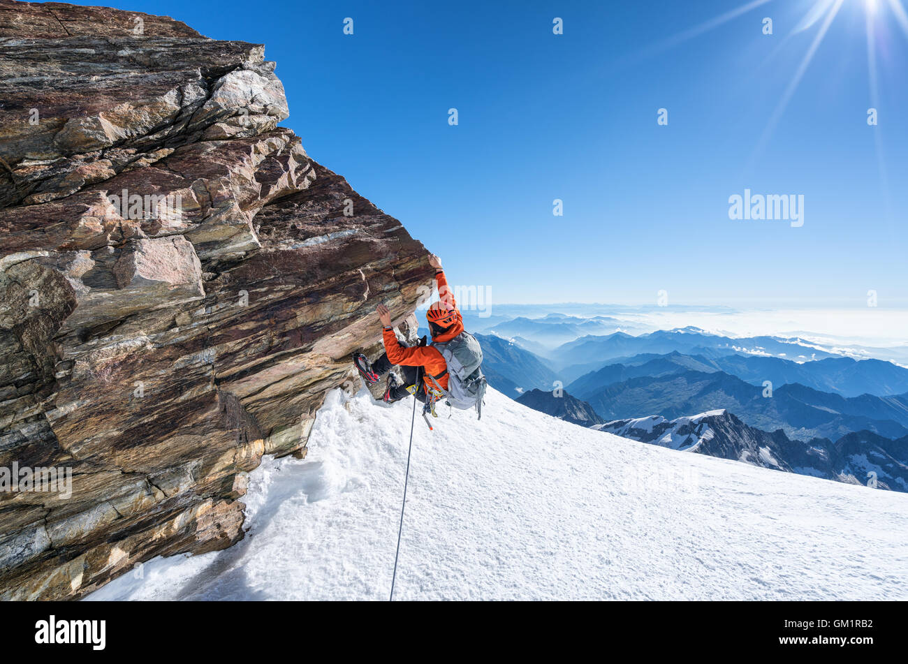 High altitude bouldering at Parrotspitze mountain, Monte Rosa Massive, Italy, Alps, Europe, EU Stock Photo