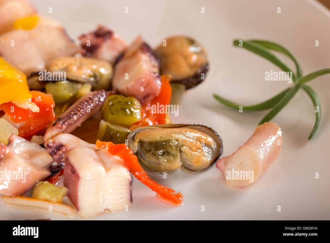 Salad with seafood with a squid, a tuna fillet, meat of mussels Stock Photo