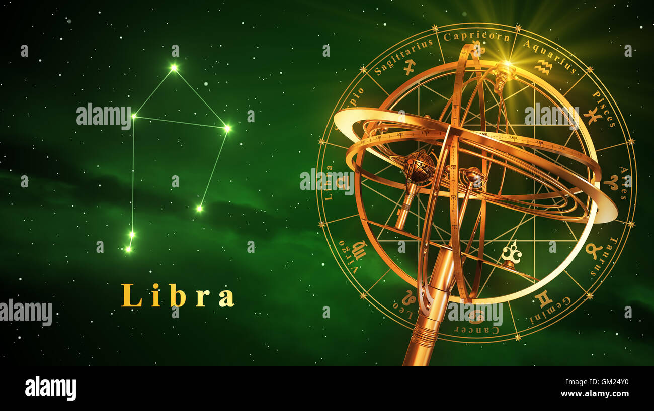Armillary Sphere And Constellation Libra Over Green Background. 3D Illustration. Stock Photo