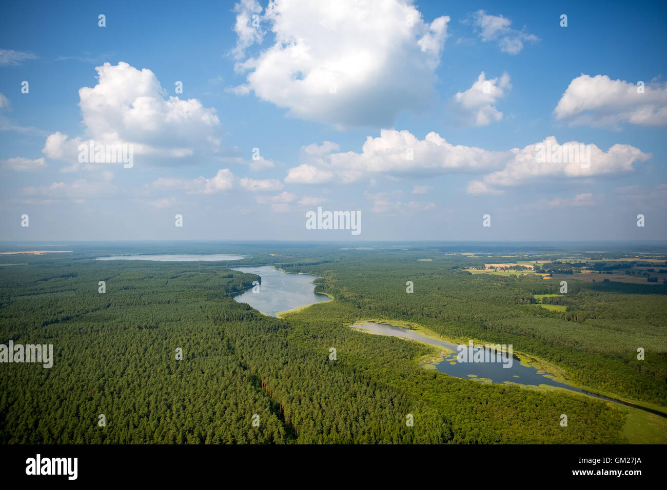 Aerial view, Moessel, Leppinsee, sea links, wooded area, nature reserve, Rechlin, Mecklenburg Seascape, Mecklenburg Switzerland, Stock Photo