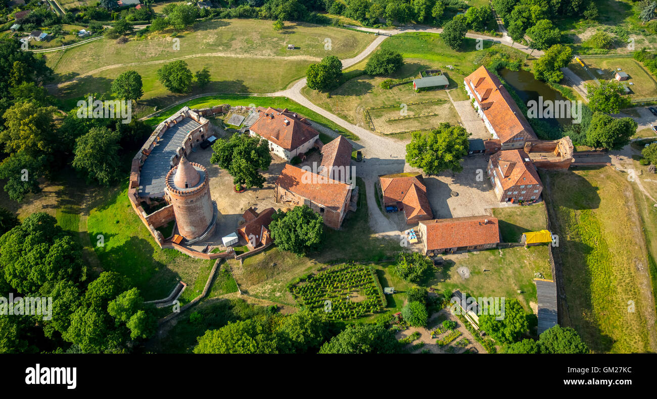 Aerial view, Burg Stargard northernmost castle Germany, dungeon, castle tower, ruins crooked house, Burg Stargard, Mecklenburg Stock Photo