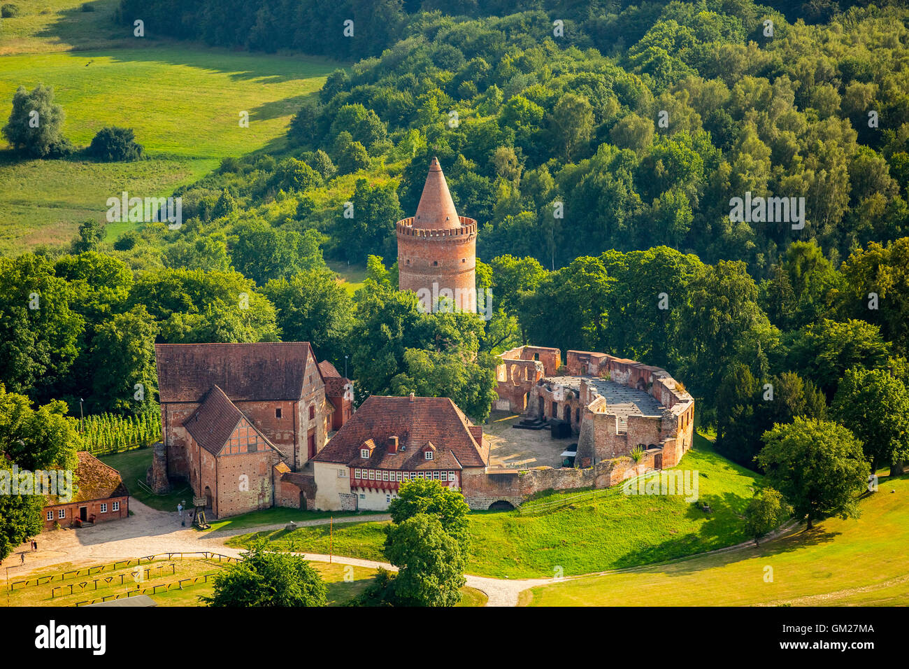 Aerial view, Burg Stargard northernmost castle Germany, dungeon, castle tower, ruins crooked house, Burg Stargard, Mecklenburg Stock Photo