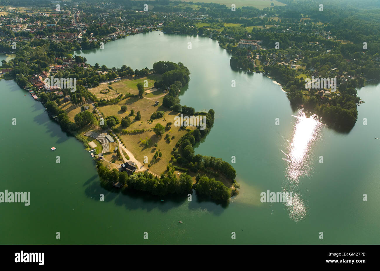 Aerial view, Feldberger Haussee with Feldberg, Feldberg Lakes, Mecklenburg Seascape, Mecklenburg Switzerland, Stock Photo