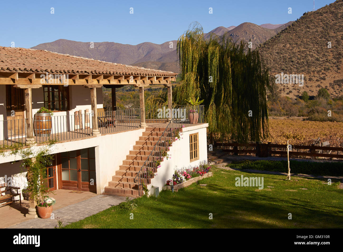 Spanish style architecture of the historic Hacienda Juntas in the Limari Valley of central Chile Stock Photo