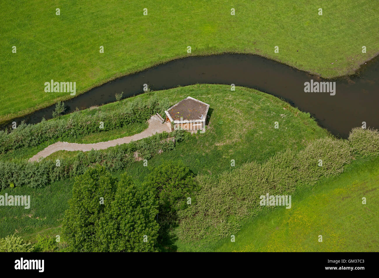 Aerial view, floodplain Disselmersch, exebition hut Lippe, nature