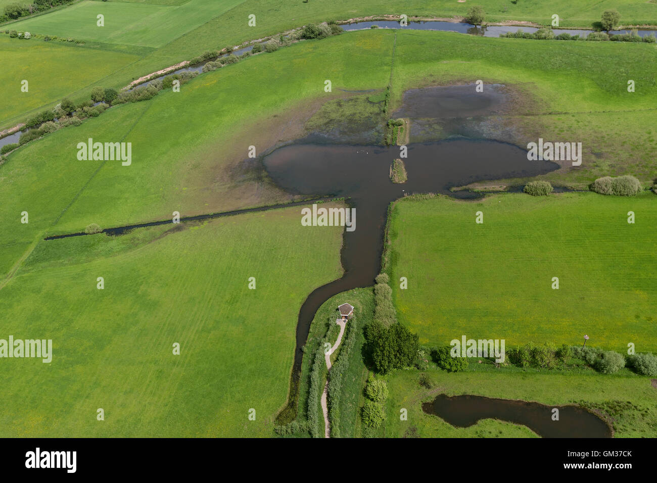 Aerial view, floodplain Disselmersch, exebition hut Lippe, nature