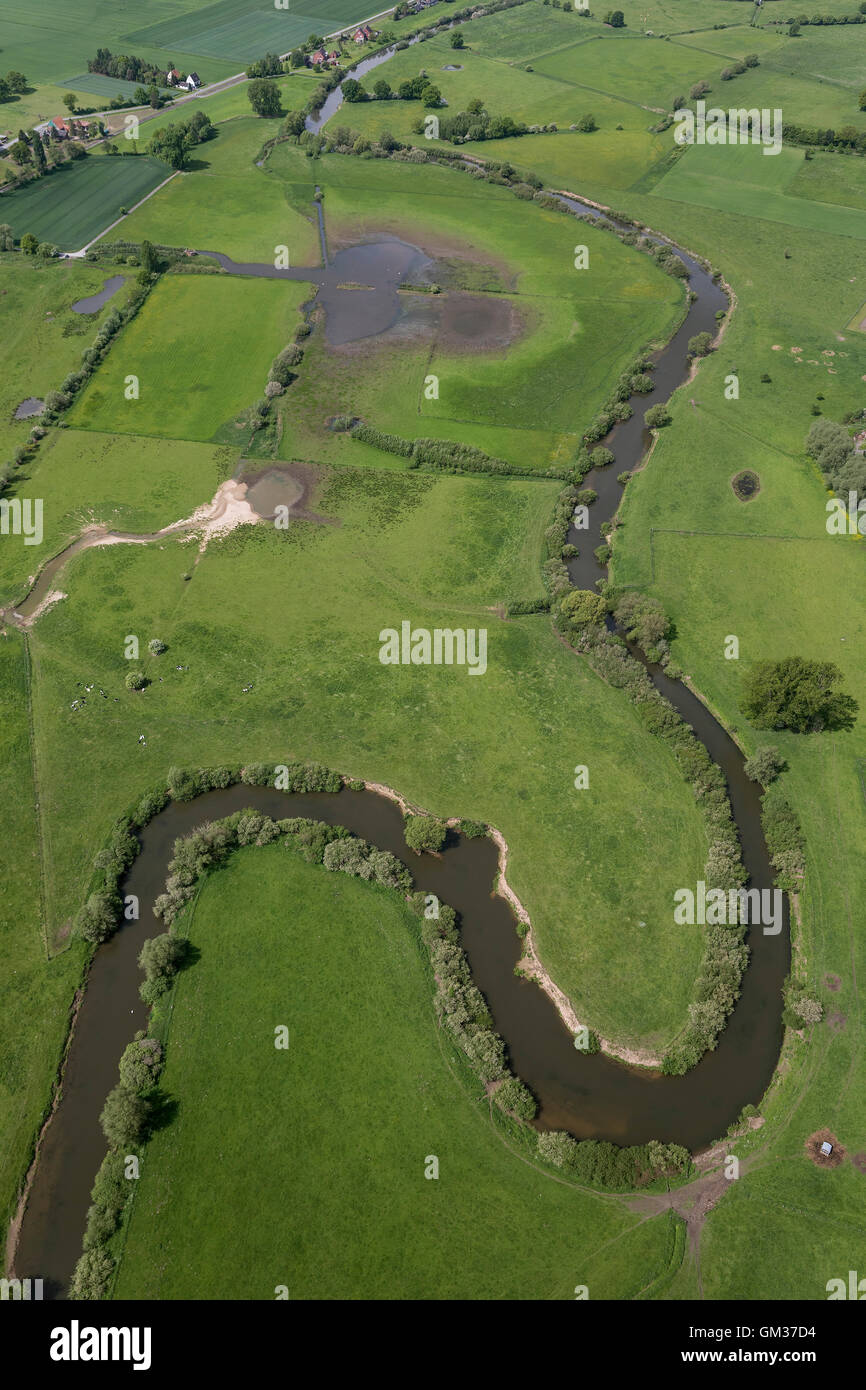 Aerial view, floodplain Disselmersch, exebition hut Lippe, nature