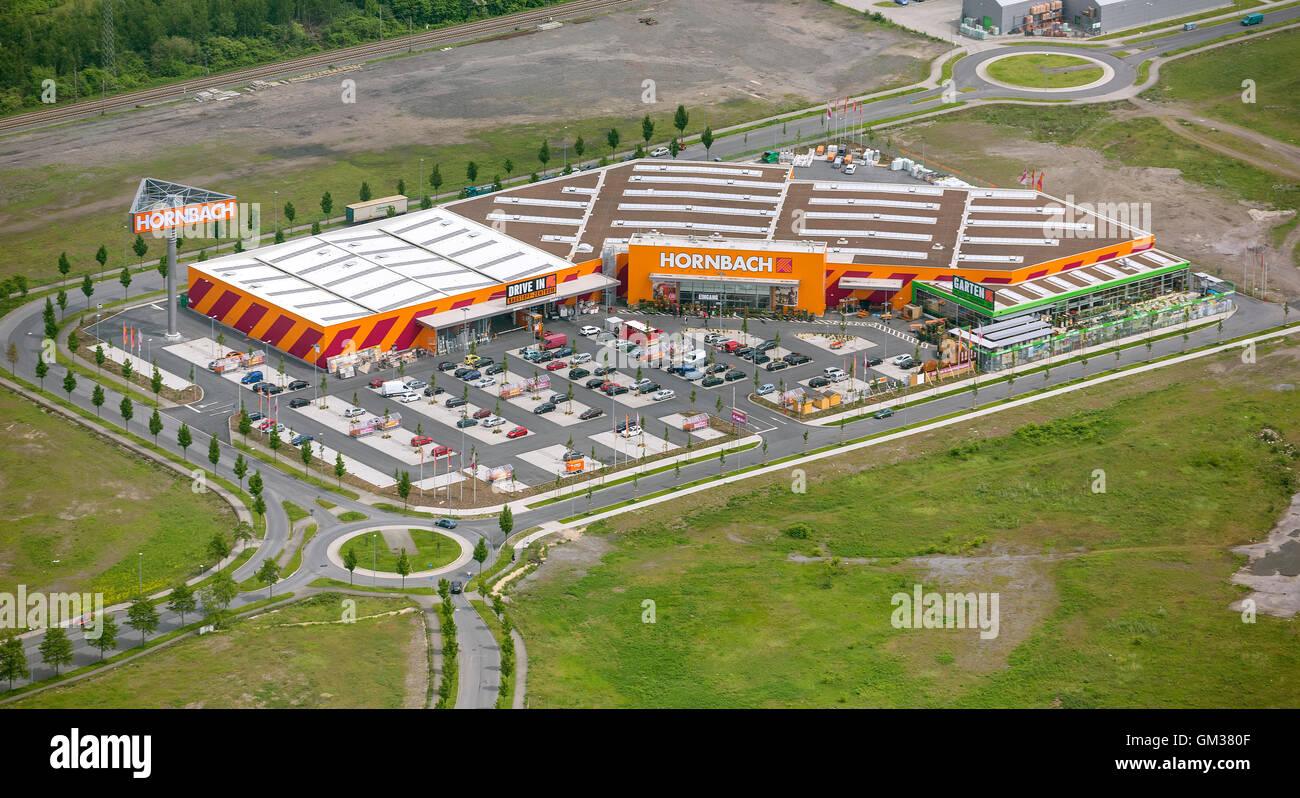 Aerial view, Neue Mitte Oberhausen, Hagedorn hardware store, discount store, on the site of the former steelworks Oberhausen, Stock Photo