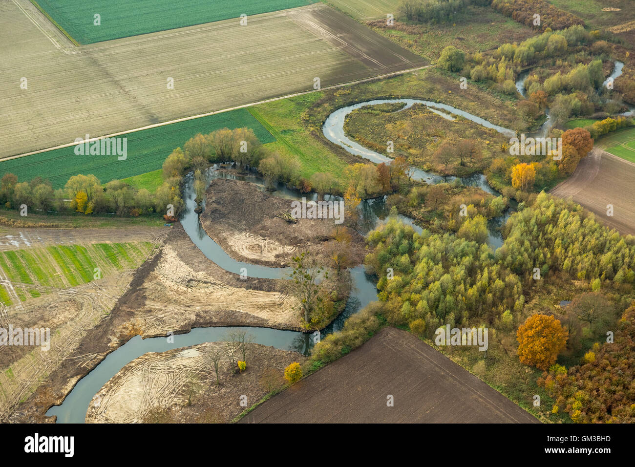 Aerial view, Ahse, river of Ahse, nature reserve, renaturation measures of Ahse, Aerial view of Hamm, Ruhrarea, Stock Photo