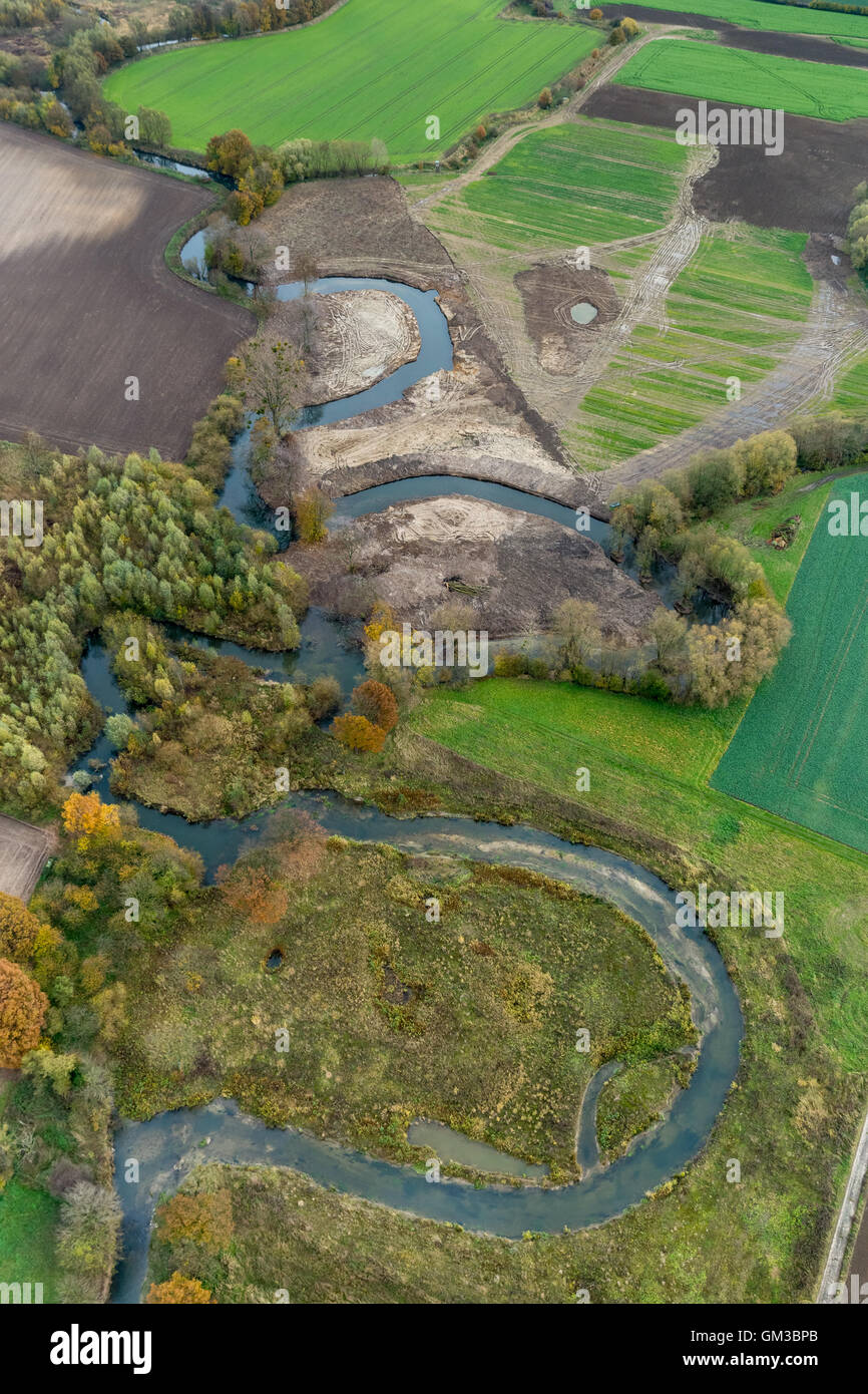 Aerial view, Ahse, river of Ahse, nature reserve, renaturation measures of Ahse, Aerial view of Hamm, Ruhrarea, Stock Photo