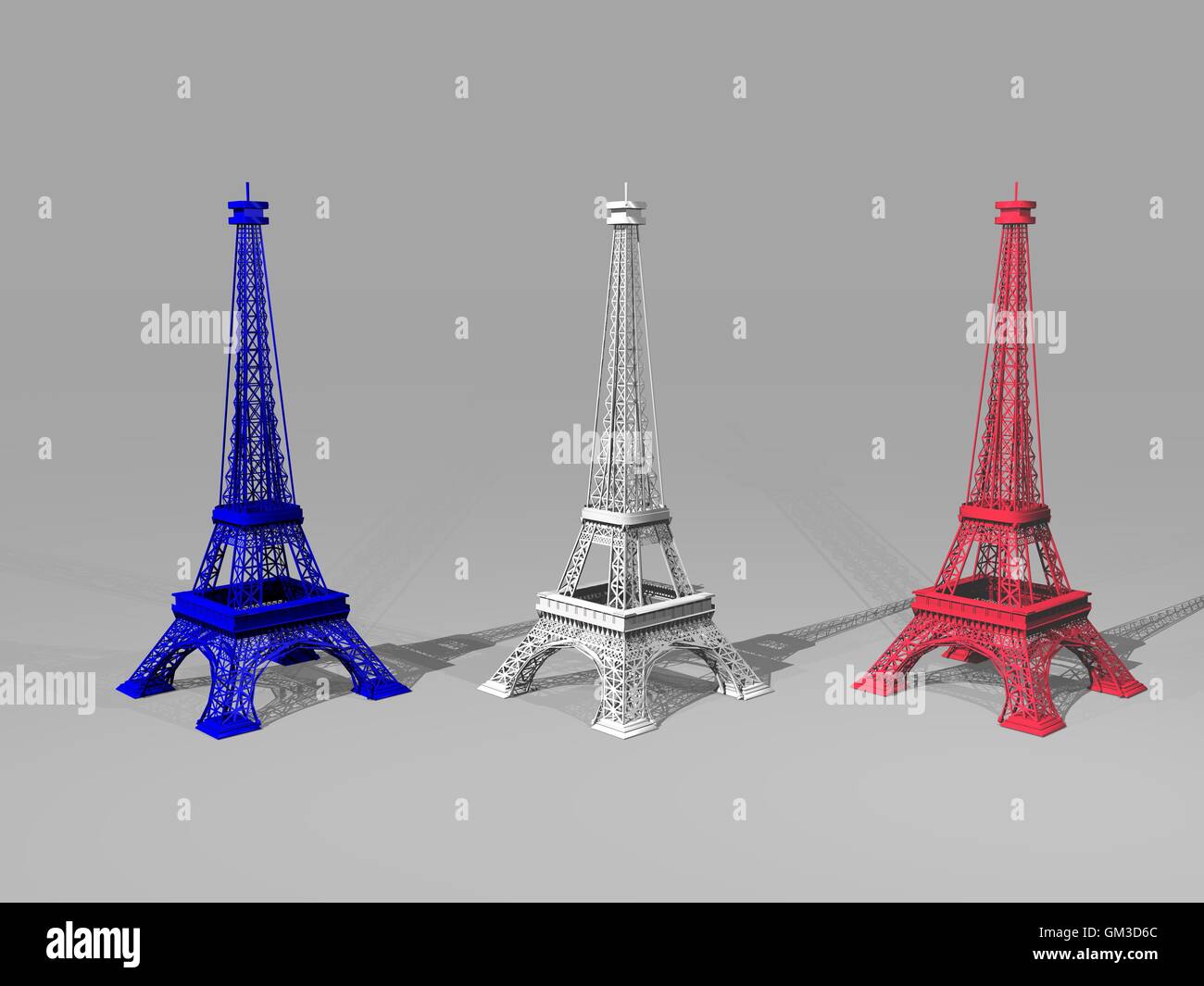 French flag colors on three Eiffel towers - 3D render Stock Photo