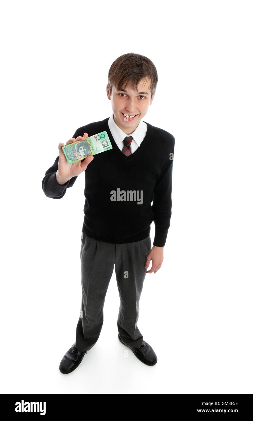 Happy teen boy holding money Stock Photo