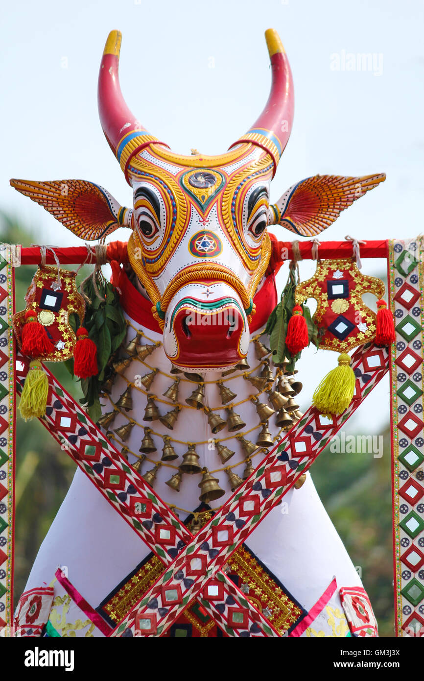 Massive bullock effigies displayed during tthe temple festival at Poruvazhy Malanada temple in Malanada, Kerala, India. Stock Photo