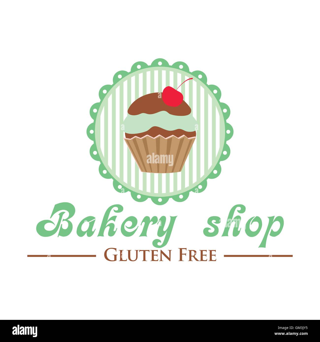Gluten free bakery shop logo. Cute cupcake on striped background, retro