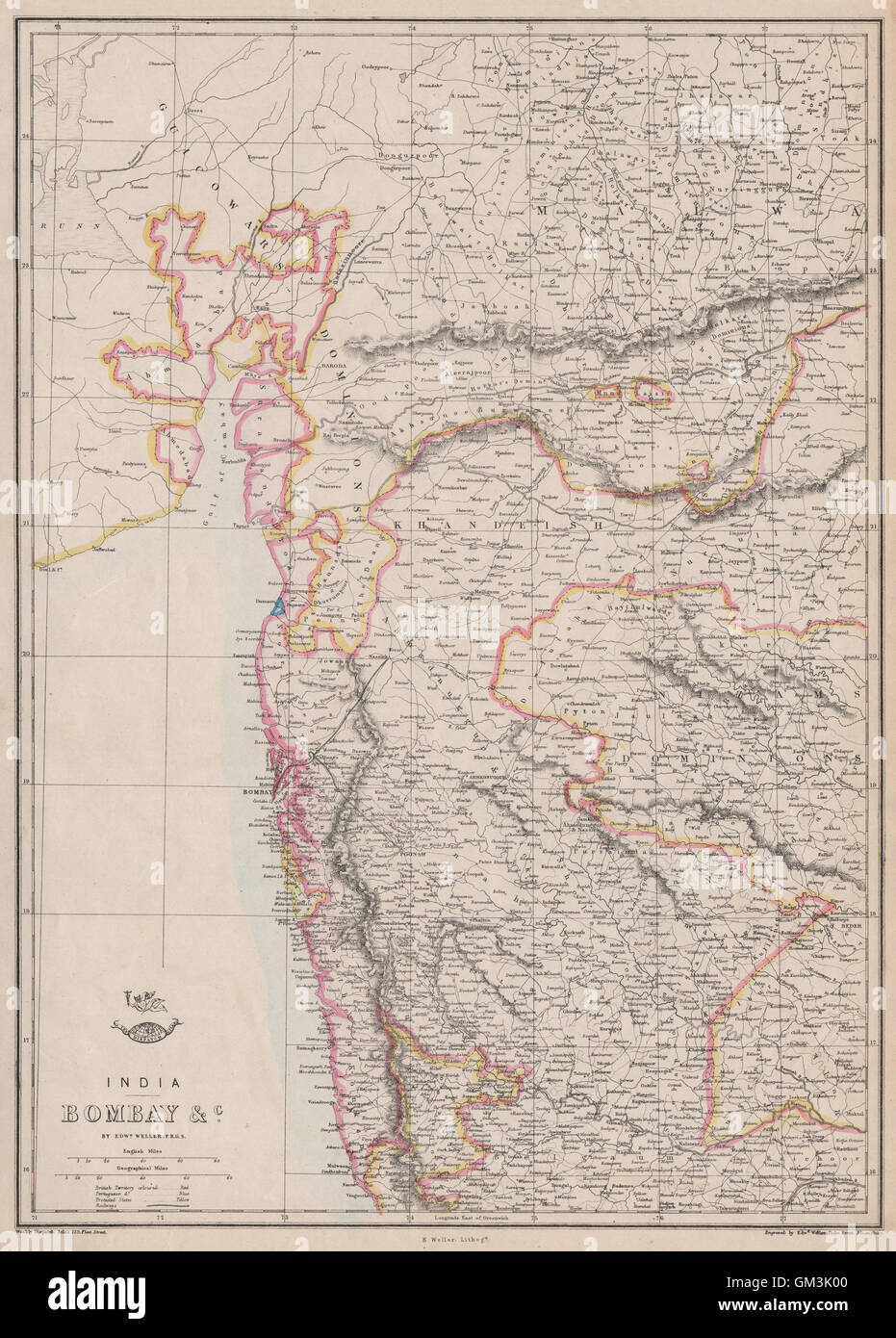 BRITISH INDIA. 'Bombay' -Nassick/Pune railways. Western Ghats. WELLER, 1863 map Stock Photo