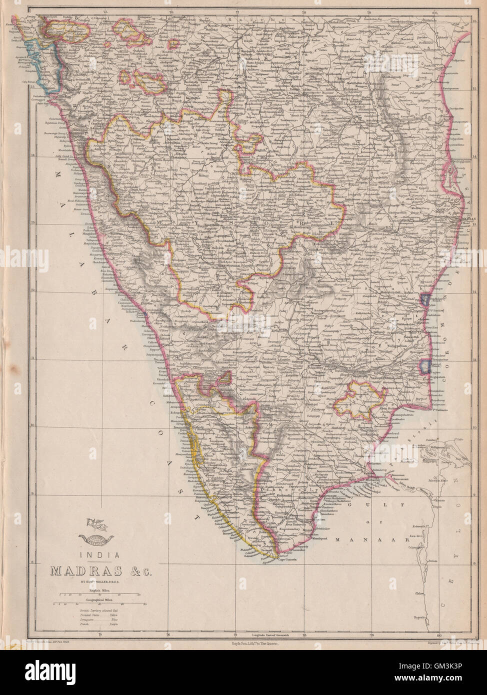 BRITISH INDIA 'Madras'. Malabar/Coromandel coasts. Goa Karikal. WELLER, 1863 map Stock Photo
