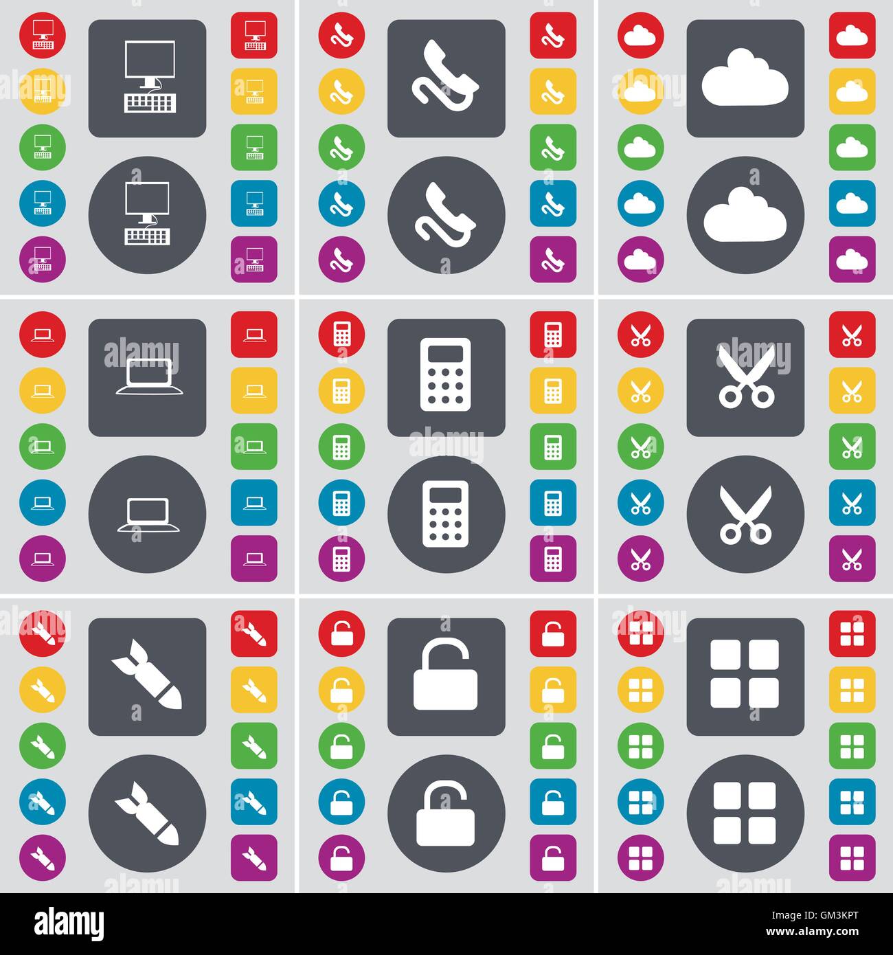 PC, Receiver, Cloud, Laptop, Calculator, Scissors, Rocket, Lock, Apps icon  symbol. A large set of flat, colored buttons for your design. Vector Stock  Vector Image & Art - Alamy