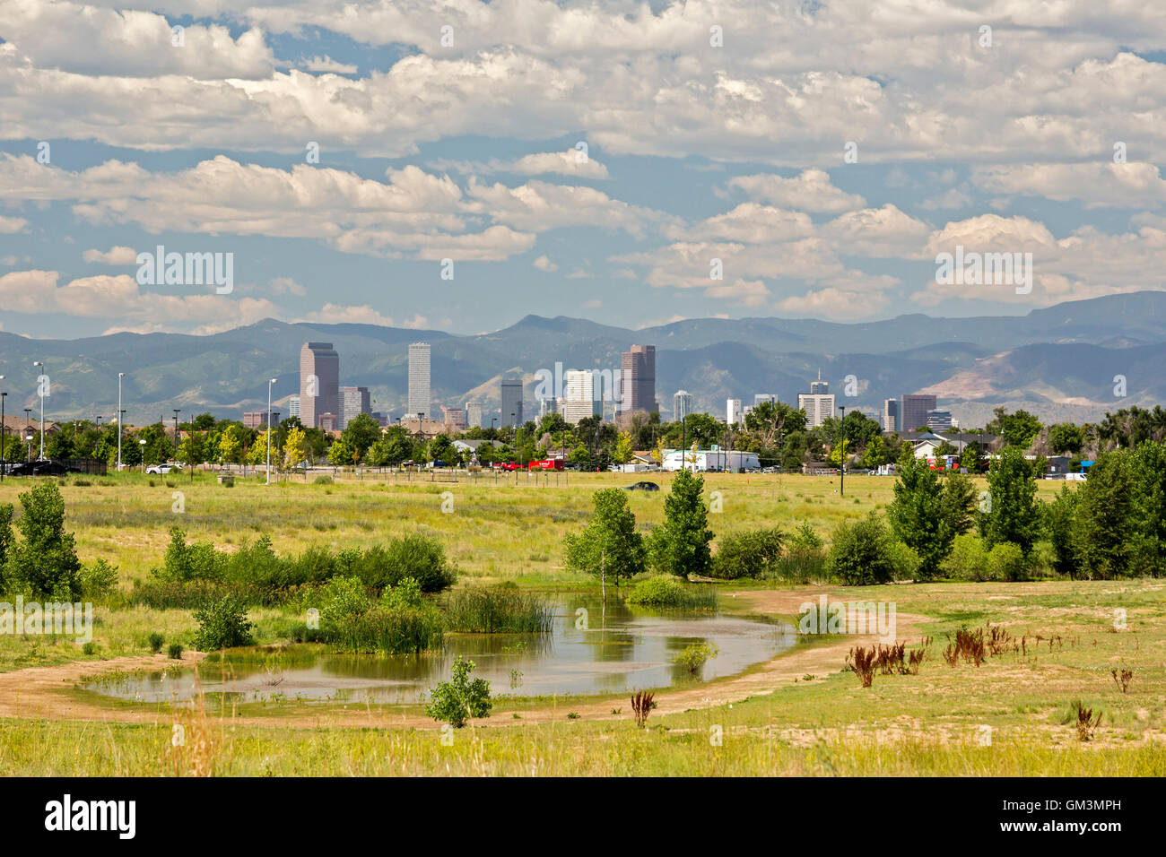 Denver, Colorado - Downtown Denver from Rocky Mountain Arsenal National Wildlife Refuge. Stock Photo