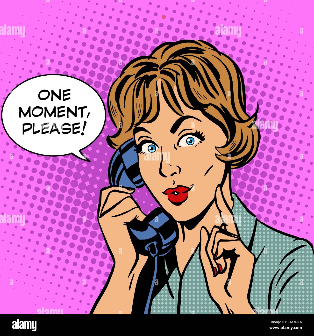 One moment please woman speaks phone Stock Vector